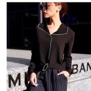 Aritzia Babaton Rena Blouse Black White Piping Womens Size large